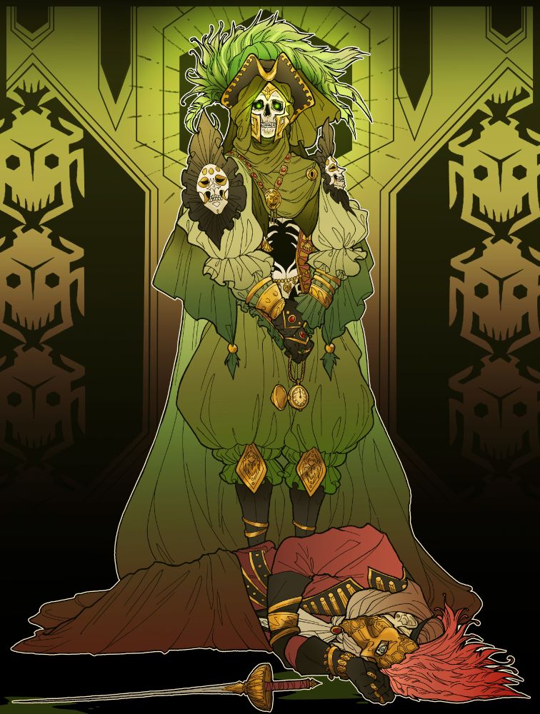 Emmrich Volkaring, as a Lich, in fancy clothes, looking down onto the body of a dead noble man. In his hand a pocket watch.