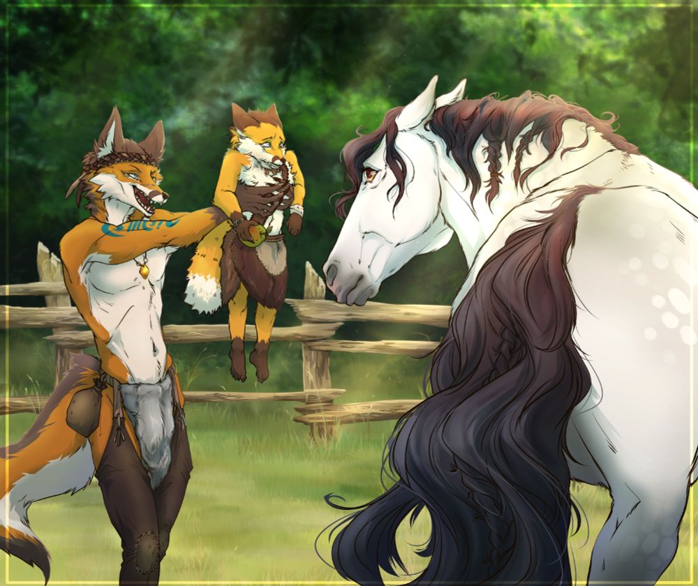 Anthro-fox holding up his little brother to his horse so both can get used to each other. Both look a bit apprehensive, while the fox has a bit of a  laugh.