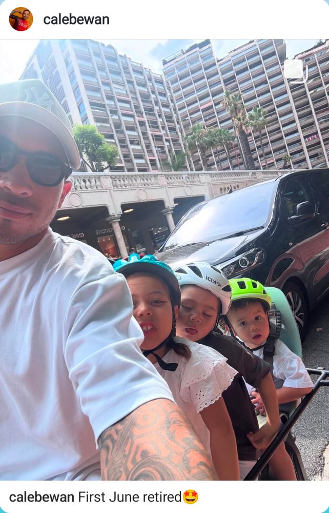 Caleb Ewan riding his kid friendly bike with his three children as passengers