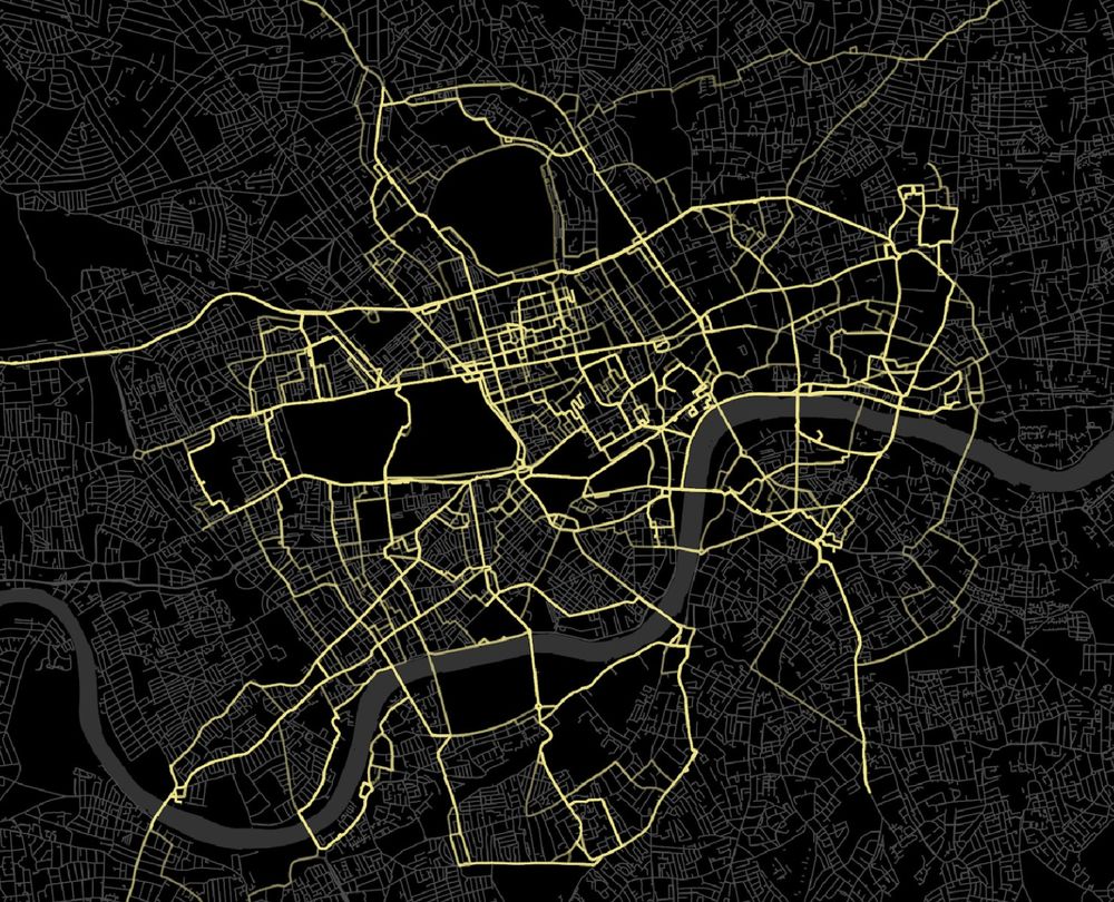 Map of london with the planned routes of 43 taxi drivers overlaid in yellow lines. 