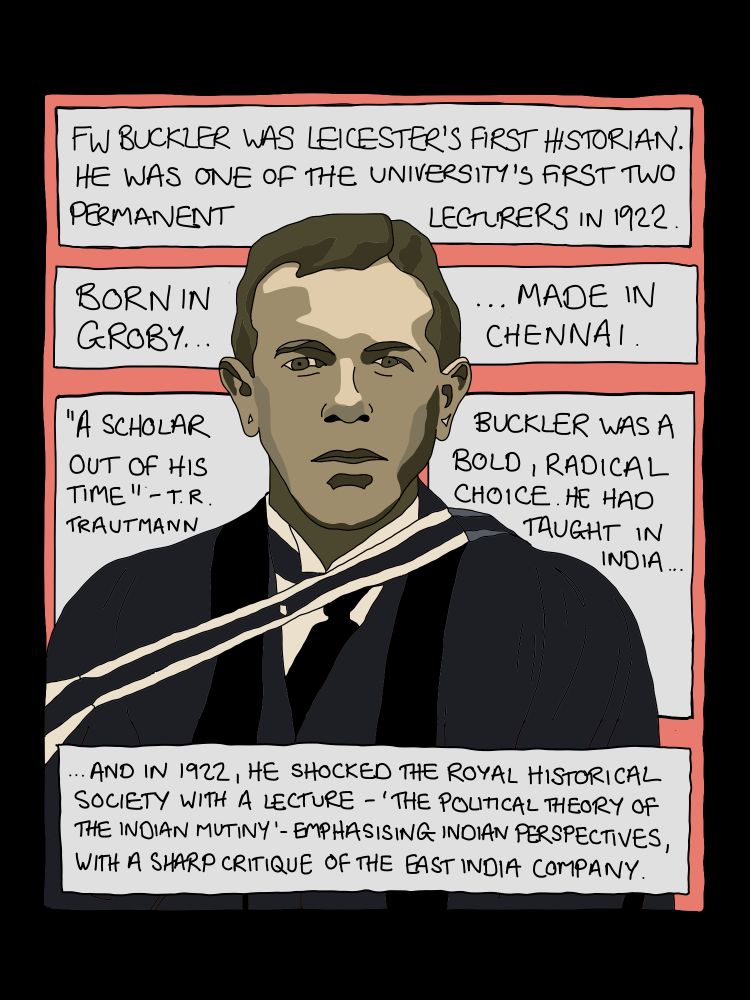 Panel from comic strip: 2 Image of historian FW Buckler in academic dress
FW BUCKLER WAS LEICESTER'S FIRST HISTORIAN.
HE WAS ONE OF THE UNIVERSITY'S FIRST TWO
PERMANENT
LECTURERS IN 1922.
BORNIN GROBY...
"A SCHOLAR
OUT Of HIS TIME" -T.R.
TRAUTMANN
... MADE IN CHENNAI.
BUCKLER WAS A BOLD, RADICAL CHOICE HE HAO TAUGHT IN
INDIA...
...AND IN 1922, HE SHOCKED THE ROYAL HISTORICAL SOCIETY WITH A LECTURE - 'THE POLITICAL THEORY Of THE INDIAN MUTINY'- EMPHASISING INDIAN PERSPECTIVES, WITH A SHARP CRITIQUE OF THE EAST INDIA COMPANY.