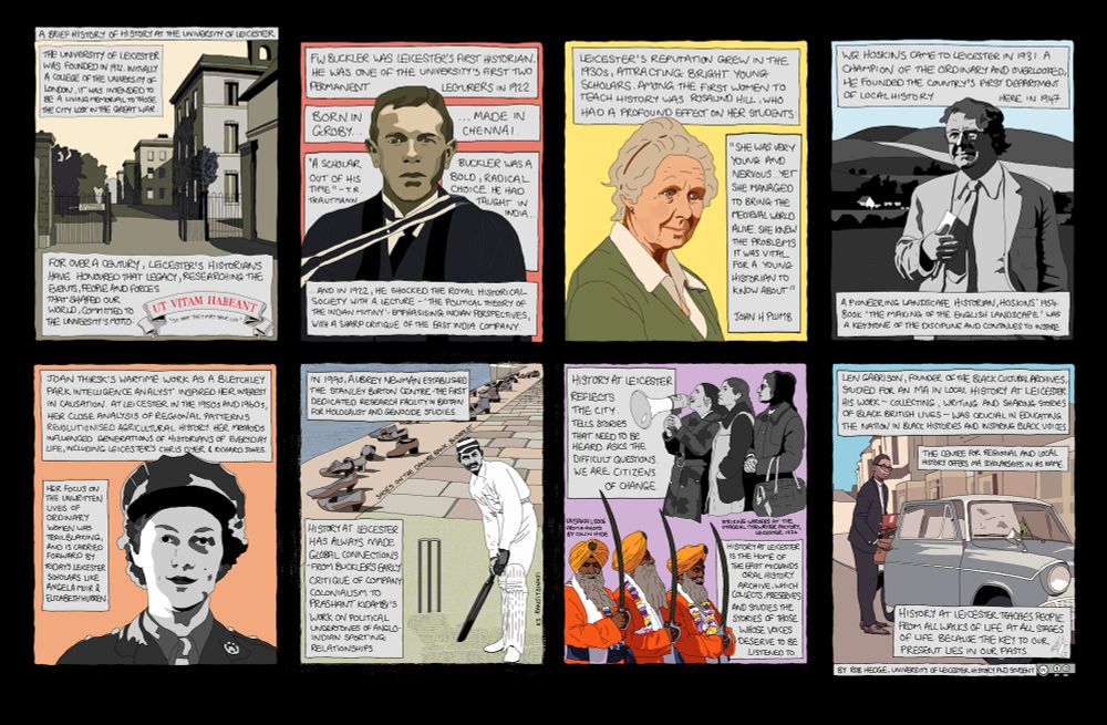 An 8-panel comic illustrating the history of teaching and research in History at the University of Leicester since the university's foundation in 1921