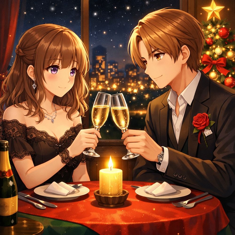 英語のプロンプト:
A romantic anime-style couple sits facing each other at a small round table during a cozy Christmas night. The scene is set indoors with a large window behind them, revealing a sparkling city skyline filled with warm golden lights against a dark night sky. To the right side of the background stands a beautifully decorated Christmas tree adorned with colorful ornaments, red ribbons, glowing lights, and a bright golden star on top.

The female character has soft light-brown hair styled in gentle waves with straight-cut bangs. Her eyes are large and violet-purple, shimmering softly, and her expression is warm, affectionate, and slightly shy. She wears an elegant dark outfit suitable for an evening dinner, with delicate details that enhance a refined, romantic atmosphere.

The male character has neatly styled light brown to honey-blond hair swept to the side, revealing his forehead. His eyes are golden amber, calm and tender, gazing lovingly at his partner. He wears a formal black suit with a white shirt, accented by a red rose boutonniere on his chest, giving a classic romantic and festive touch.

They are each holding a champagne glass, gently clinking them together in a celebratory toast. On the table between them is a single glowing candle, casting a warm, flickering light that illuminates their faces. The table is covered with a red tablecloth layered over green fabric, with neatly placed silverware and folded white napkins. A green champagne bottle with a yellow label rests on the left side of the table.

The overall mood is intimate, festive, and romantic, blending Christmas warmth with an elegant dinner-date atmosphere. The illustration is rendered in a polished anime style, with soft lighting, rich holiday colors, and a heartwarming seasonal ambiance.