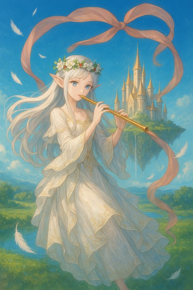 英語のプロンプト（カンマ区切り）:
elegant elf girl, floating gracefully in front of a magnificent castle on a floating island, vivid blue sky and lush green landscape background, lake in the grassland, fair skin, large pale blue eyes, long silvery-white hair flowing softly, pointed elf ears, wearing a floral crown made of white blossoms and green leaves with red nuts,white and gold ethereal dress with layered fabrics and fine embroidery, soft glowing light on her dress, playing a golden flute, from the tip of which extends a large flowing pinkish-brown ribbon,the ribbon forming a large bow above her,white feathers gently floating around her, feathers emitting faint light, soft breeze making her dress and sleeves ripple, waterfalls flows from a floating island into a lake, radiant fantasy world, castle with tall shining spires, sunlight reflecting off golden roofs, soft clouds and bright meadows, divine and warm lighting, ethereal and magical atmosphere, anime fantasy art style, delicate gradients and detailed textures, dreamy and serene mood

日本語のプロンプト（カンマ区切り）:
優雅なエルフの少女, 浮遊する島の壮麗な城を背景に浮かぶ,青く澄んだ空と緑豊かな草原の背景, 草原の中に湖 ,透き通るような白い肌, 淡い青の大きな瞳, 柔らかく流れる銀白色の長い髪, とがったエルフの耳, 白い花と緑の葉と赤い木の実でできた花冠をかぶる,白と金を基調とした繊細で神聖なドレス, 光沢のある刺繍と多層の布地, 柔らかい光が衣装を照らす,金色のフルートを吹いている, フルートの先端からは淡いピンクブラウンの大きなリボンが伸びている, リボンは頭上で弧を描き結ばれている,周囲に舞う白い羽根, 光を帯びて漂う羽根, そよ風で揺れるドレスと袖, 浮遊する島から滝が流れて湖に注ぐ, 尖塔を持つ城, 陽光に反射する屋根, 明るい草原と白い雲, 柔らかく神々しい光の演出, 幻想的で魔法的な雰囲気, アニメとファンタジーを融合したスタイル, 滑らかなグラデーションと繊細な質感描写, 穏やかで夢のような印象のシーン