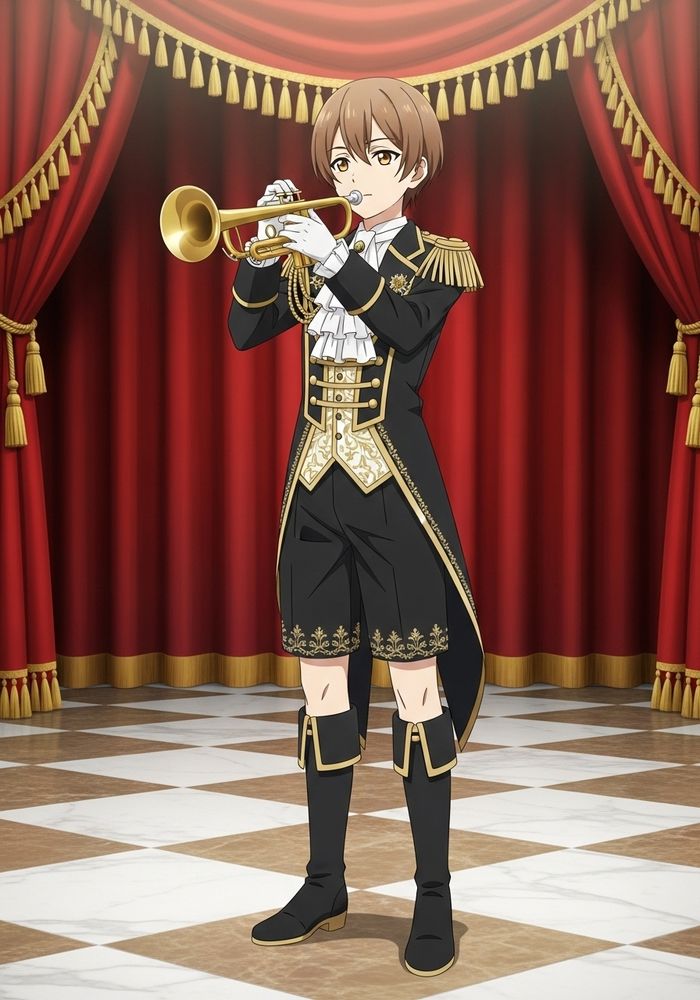 日本語のプロンプト:
少年が豪華な赤い劇場のカーテンを背景に、金色のトランペットを演奏している。床は白と灰色の市松模様の大理石調で、クラシカルで上品な雰囲気を漂わせている。キャラクターは短めのブラウンの髪をサイドに流し、落ち着いた黄金色の瞳で集中した表情をしている。

衣装は19世紀のオーケストラ奏者や貴族を思わせるクラシカルなデザインで、黒地に金の縁取りが施されたジャケットを着ている。肩や胸元には金の装飾やボタンがついており、インナーには白いフリルの付いたクラバットとハイカラーのシャツを合わせている。下半身は金の模様がさりげなく入った黒いショートパンツ、そして金の装飾が施された黒いロングブーツを履いている。

背景の赤いベルベットカーテンには金の房飾りとドレープが重なり、舞台の幕のように豪華で荘厳。照明はやや柔らかいスポットライト風で、キャラクターとトランペットの金属の質感を美しく際立たせている。全体の雰囲気は上品で芸術的、クラシック音楽の優雅さとアニメ風が調和したスタイルとなっている。