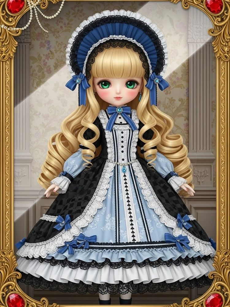 日本語のプロンプト:
豪華な金色の額縁の中に、上品な少女のビスクドールが立っている。額縁は赤い宝石風の装飾、バロック調の曲線彫刻、パールのようなビーズ装飾が施され、斜めに入ったガラスのハイライトが立体感を与えている。

ビスクドールは長くふんわりとしたブロンドの大きなカールヘアを持ち、ストレートなぱっつん前髪が鮮やかなエメラルドグリーンの大きな瞳を引き立てている。表情は優しく、ドールのように繊細で、頬にはほのかな赤みがある。

衣装はヴィクトリアン×ロリータ風のクラシカルなドレスで、黒・白・水色を基調とした華やかなデザイン。黒いアウタードレスにはレースの縁取りと市松模様風のテクスチャが施され、その下に重なる水色のインナードレスにはレース模様、スカラップの飾り、縦に並ぶ装飾パターンが繊細に描かれている。袖口には薄い水色のフリルと白いレースが重なり、首元には青いリボンと宝石風の飾りがついている。

頭には黒レースのトリムがついた深いブルーの大きなヘッドドレスをかぶり、ボンネットのように髪を美しく縁取っている。ドレスは広がりのあるフルスカートで、複雑なレース模様と多層構造がドール服のような優雅さを演出している。

背景には淡い色の花柄壁紙とクラシカルな建築装飾があり、アンティークで上品な雰囲気を引き立てている。全体として、アンティークの豪華さとビクトリアンドールの可憐さをあわせ持つ、緻密で上質でリアルな写真スタイルとなっている。