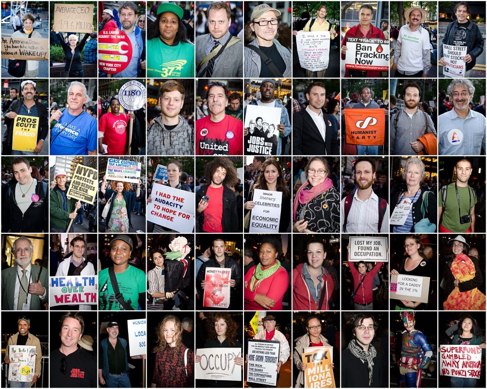 A grid of 50 portraits of people who were part of the “Occupy Wall Street” protests in 2011. Some people hold signs such as “Ban Fracking Now” and “Health Over Wealth”.