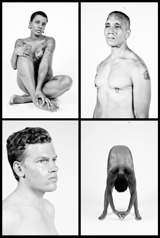 A grid of few portraits in black and white of nude models.
