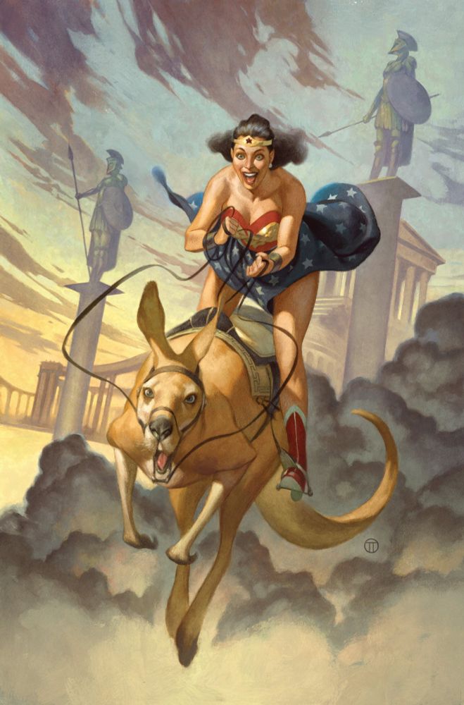 Wonder Woman is riding her pet kangaroo Jumpa through Themyscira. She's got a big excited smile on her face.