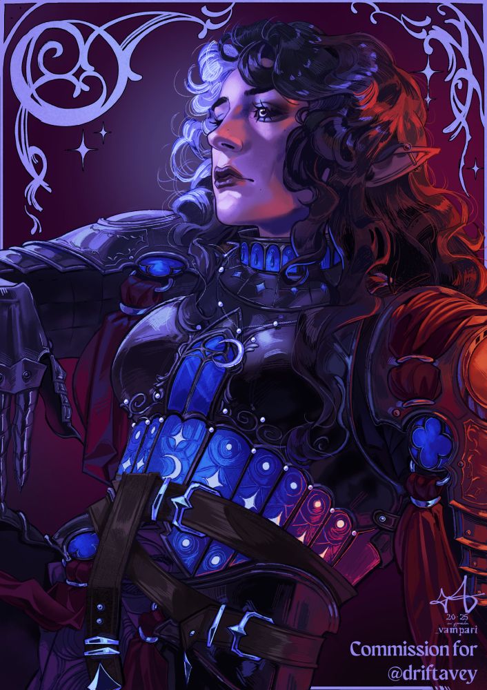 Half Body illustration of a drow wearing a black armor. The armor has some gothic window details on the neck, chest and shoulder pauldrons. She's also wearing a corset inspired by gothic stained glass windows. Her motiff seems to be the crescent moon and the stars.