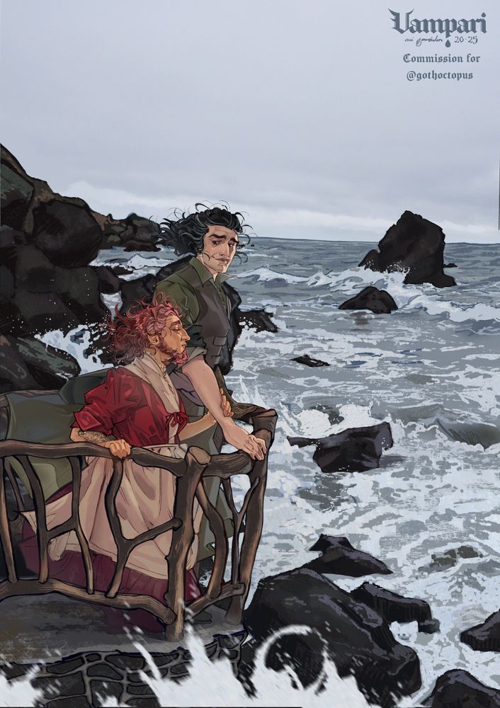 A craggy shore with waves hitting against sharp rocks. Val and their Dwarven adoptive mother, Delphi, stare out at the ocean, looking peaceful. They're leaning against a railing, and the sky is cloudy. The wind is blowing their hair and skirts.
