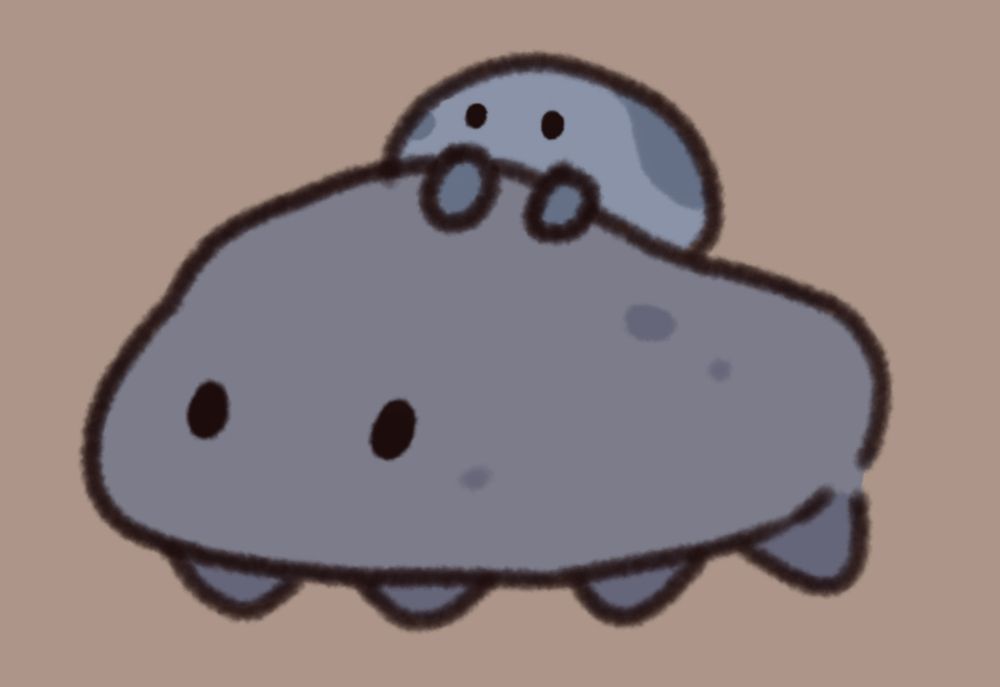 Digital doodle of an indigo-gray rock creature with small spots and four short legs. She’s carrying her baby: a blue-gray pebble.