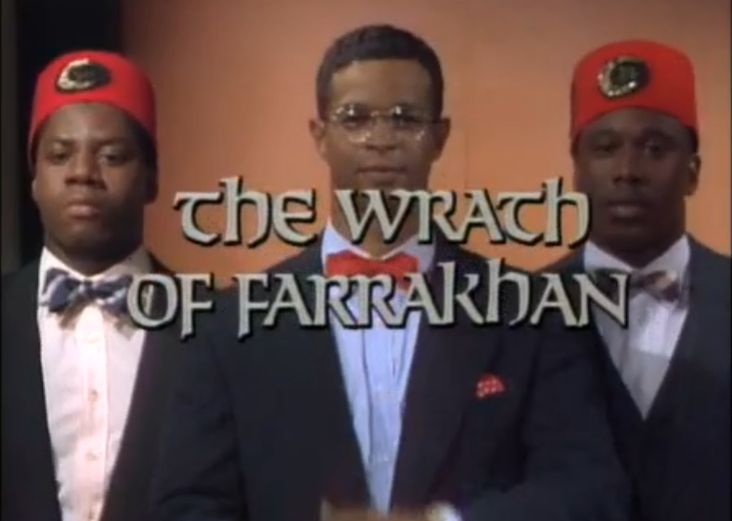 a screen grab from a Star Trek parody sketch entitled "The Wrath of Farrakhan" from the literal second episode of "In Living Color" with Damon Wayans portraying Louis Farrakhan taking over a knock-off Enterprise captained by Jim Carrey doing a...adequate (?) William Shatner/James T. Kirk impression