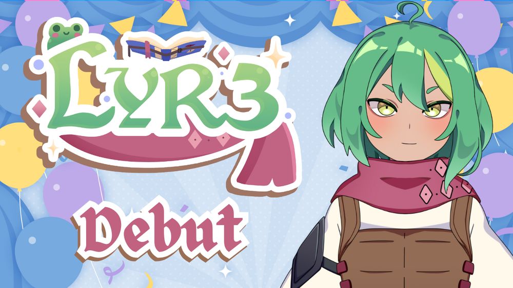 The hero vtuber LYR3 smiles at the camera. Her logo and the words "debut" are to her left as they sit in from of a celebratory blue background.