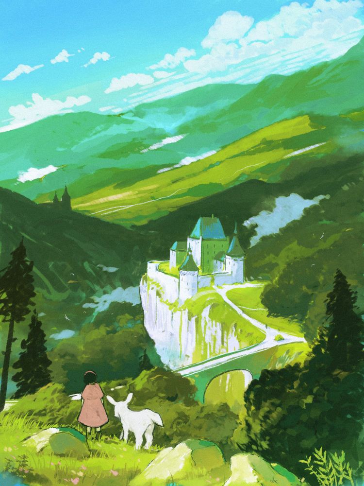 Random digital landscape painting of a castle surrounded by woods and greenish mountains. A girl and a goat are standing in the foreground.