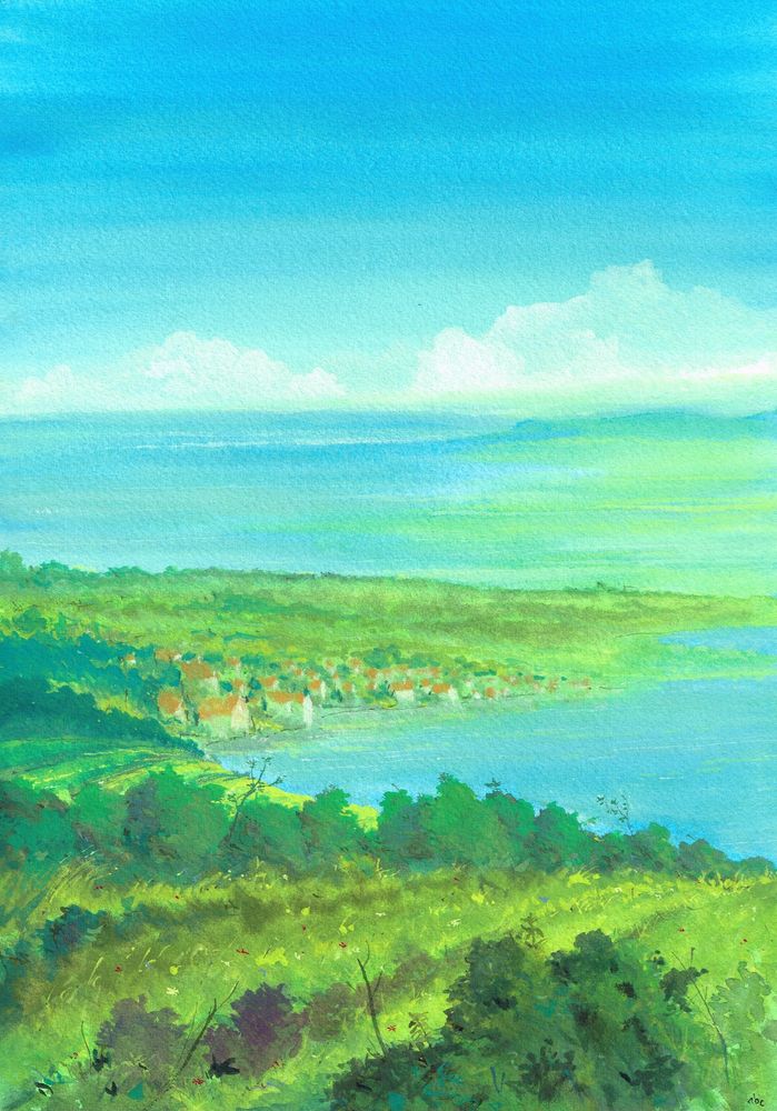 Gouache painting of a little town by the sea as view from a green hill nearby.