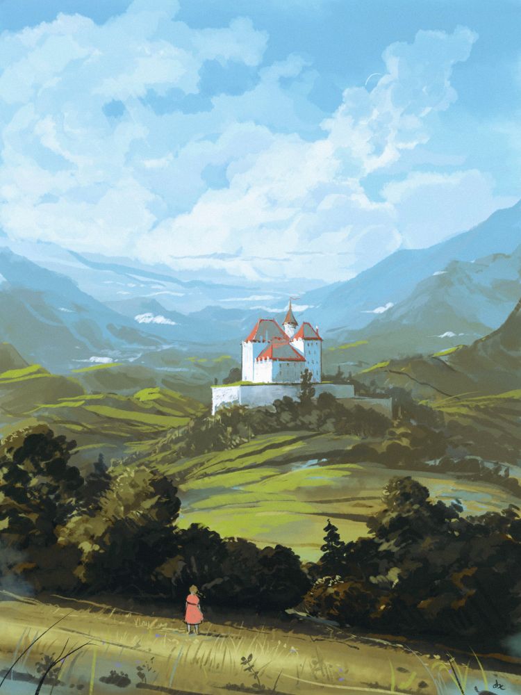 Digital landscape painting of a castle (inspired by Menthon-Saint-Bernard Castle) in the mountains. In the foreground a girl is facing the castle from a clearing in the woods.