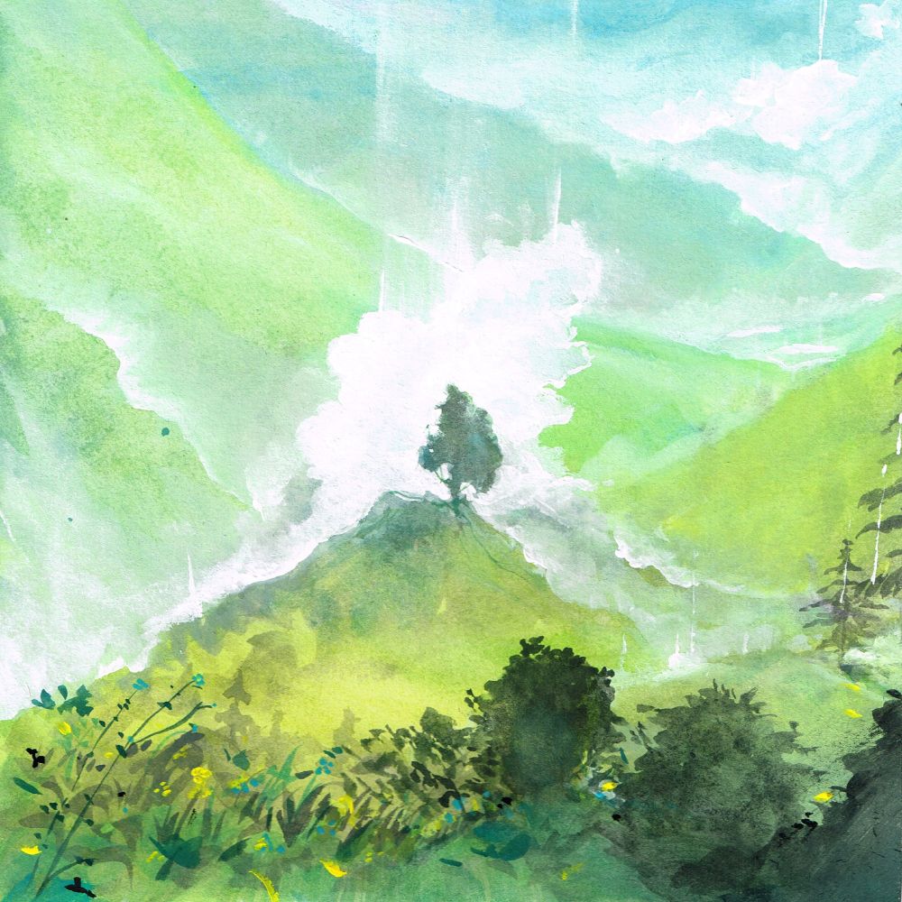 Rough gouache painting of a lone tree surrounded by clouds and mountains.