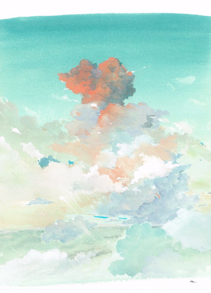 Gouache painting of a pastel cloudy sky.