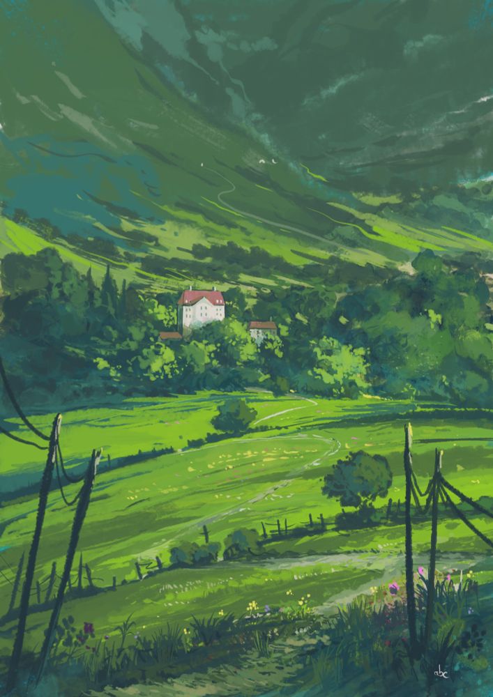 Rough landscape digital painting of a couple of houses surrounded by trees and lost in the mountains.