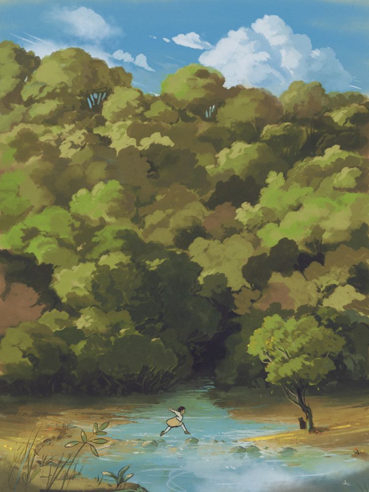 Rough digital painting of a girl jumping from rock to rock across a river. In the background a forest is slowly changing to its autumn colors.