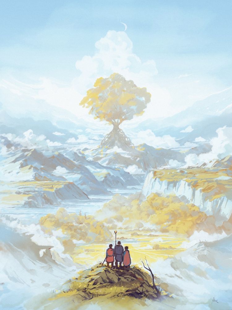 Digital landscape painting of a a tiny group of adventurers watching a mysterious landscape emerging from the mist.