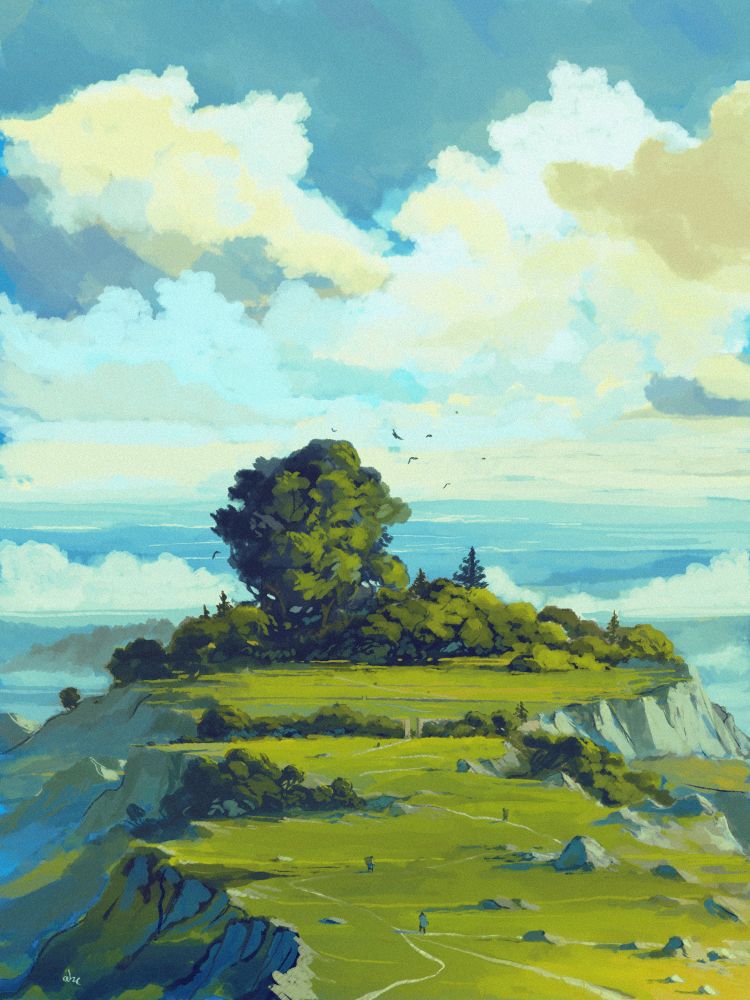 Random digital painting of a bosket/forest up a rocky hill. Some people are walking toward it.