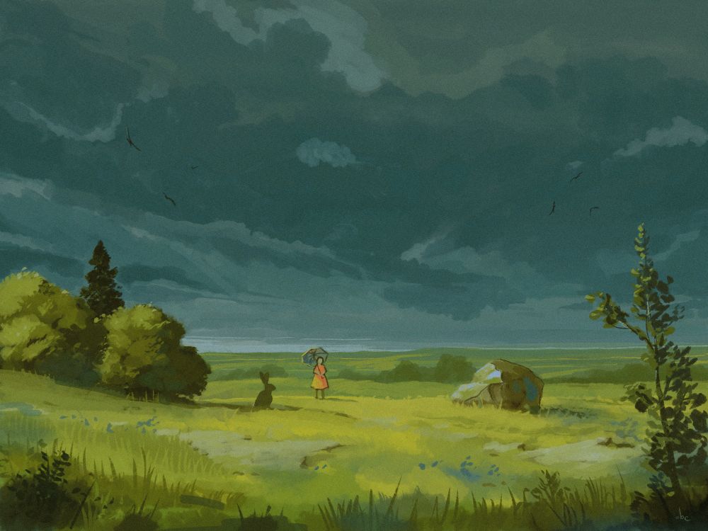 Random landscape digital painting. Just a stormy sky, some greenish fields, some birds, rocks, a hare and a girl with an umbrella.