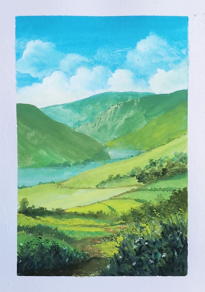 Another random landscape gouache painting. A pathway weaves through some fields toward a mountain lake.