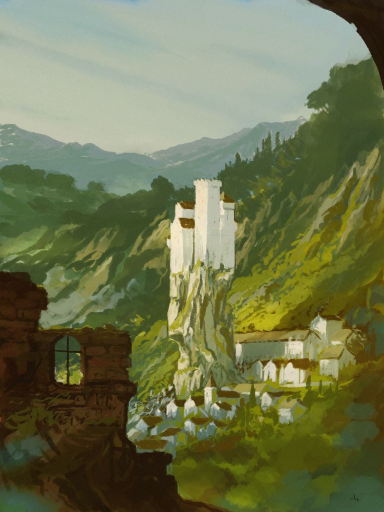 Digital painting of a white castle perched on a sheer drop above a city lost in some green mountains. In the foreground some old buildings frame the whole.