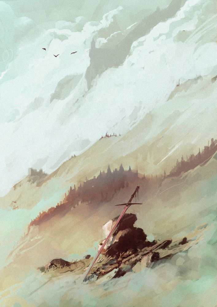 Digital painting of an old rusty sword leaning on a couple of rocks lost in some foggy mountains.