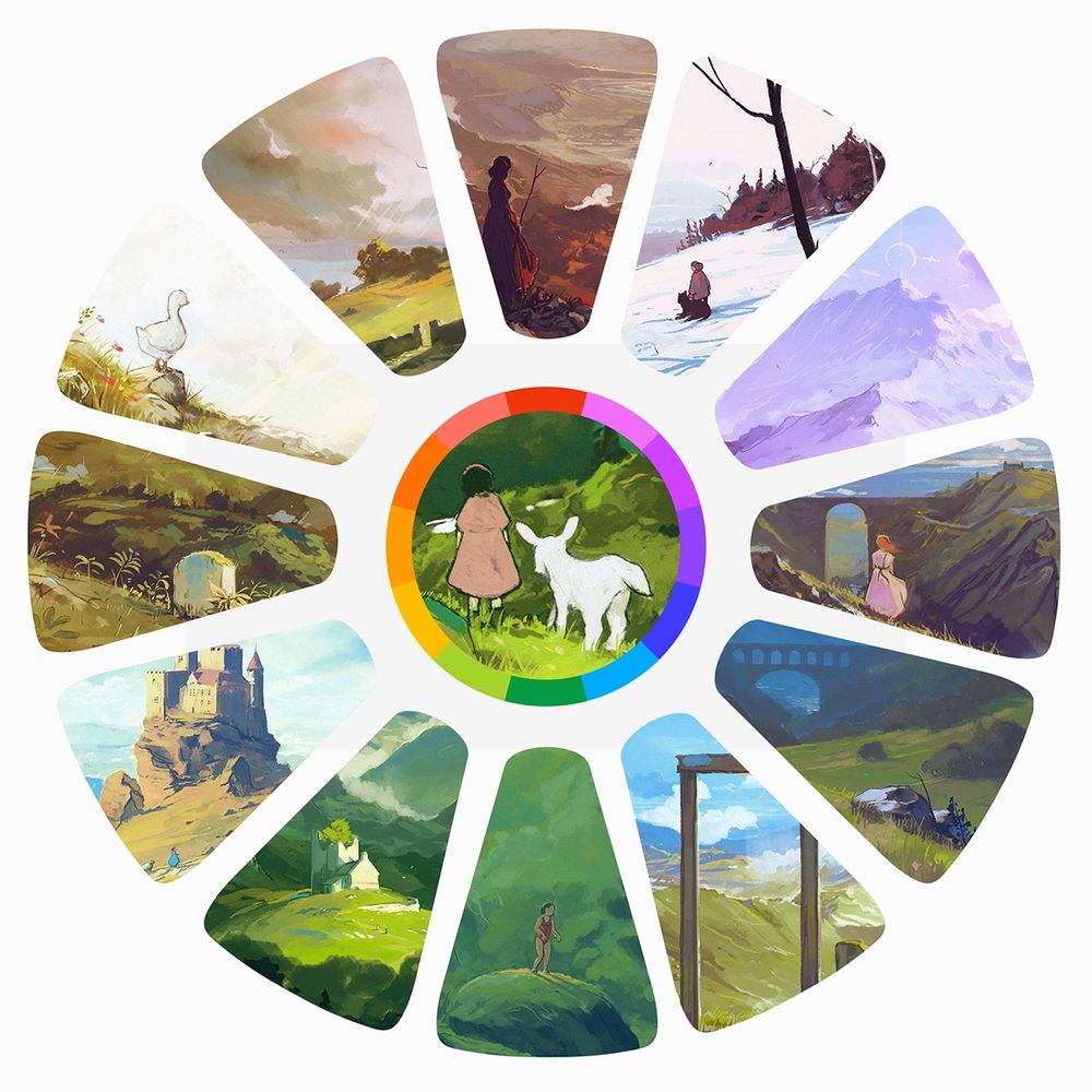 Composite of 12 painting matching the color wheel.