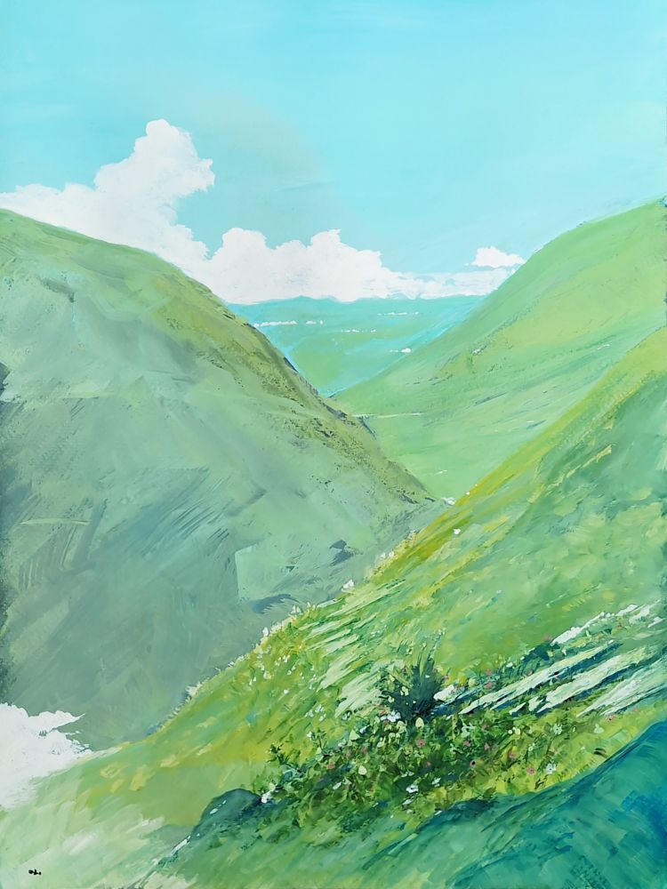 Landscape gouache painting. Green flowery mountains with a rock pathway.
