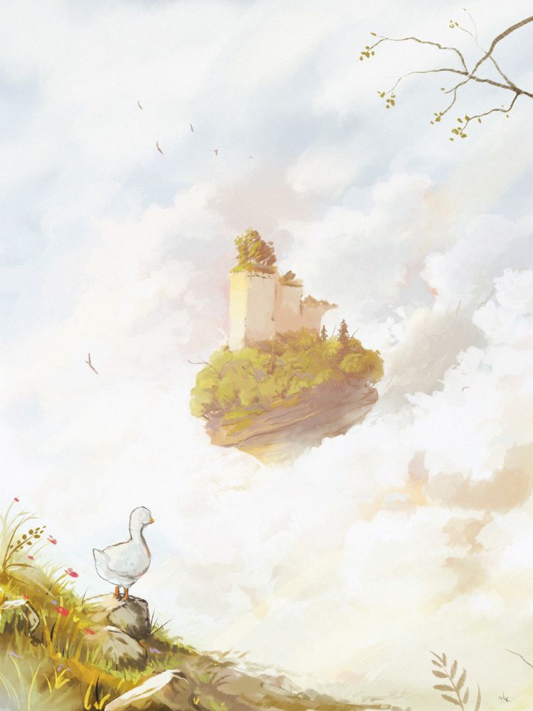 Random digital painting of a goose watching its flock fly away in the clouds above a floating island. Inspired by a lost cuddly plush and the flocks of gooses migrating above our home twice a year.