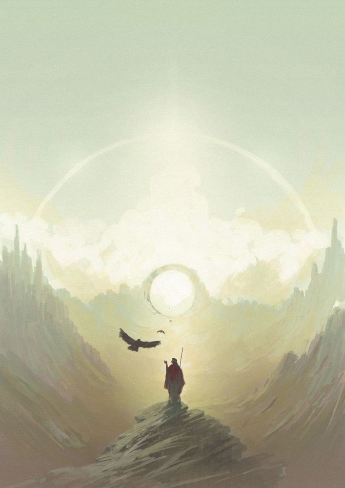 Super rough digital painting of a person standing on some rocks while a few birds fly towards a ring shaped strange geological aberration.
