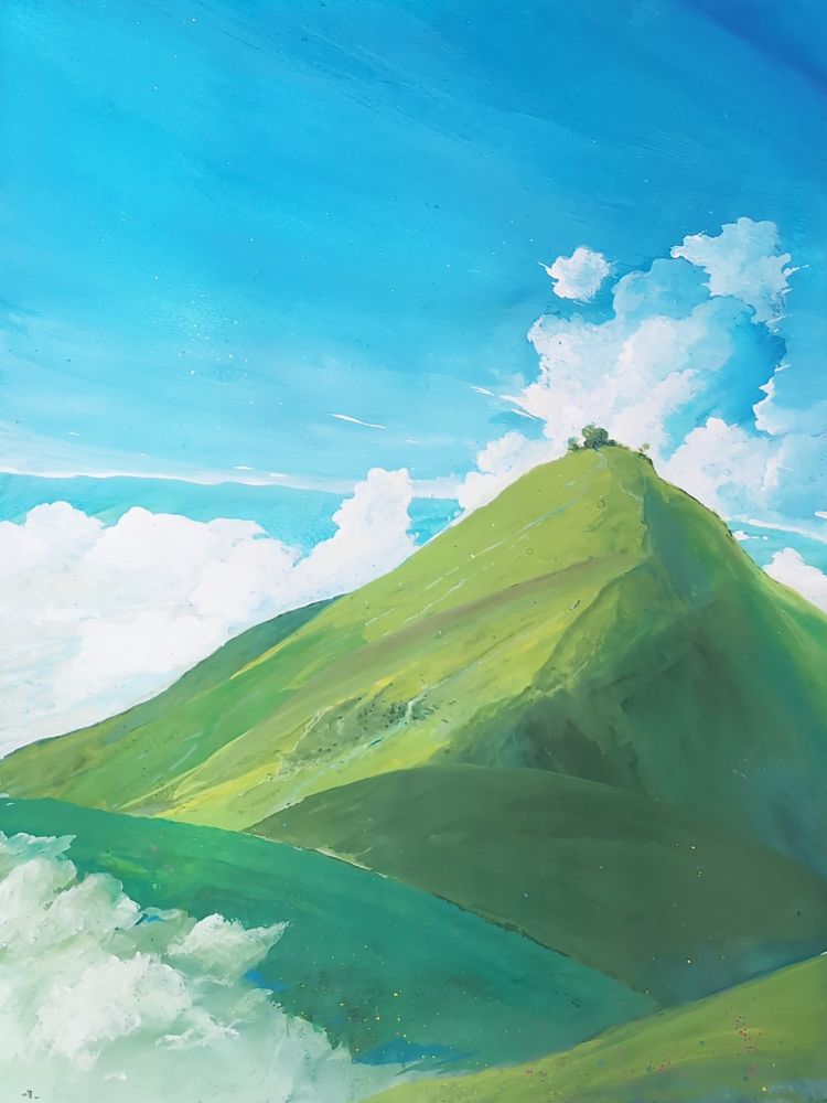 Rough landscape gouache on paper painting. A little stream is running down greenish mountains surrounded by clouds.