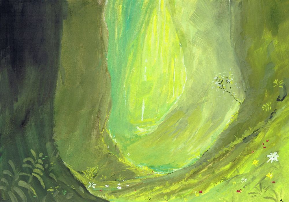 Gouache painting of the inside of a green and flowery forest. 