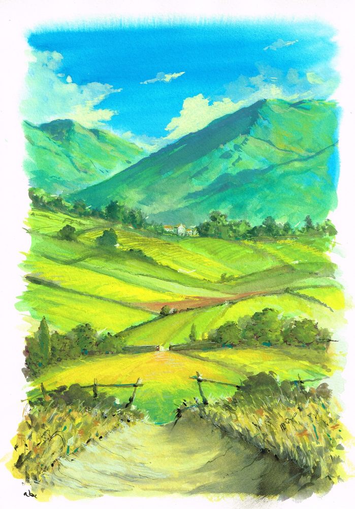 Gouache landscape painting. Some green fields in the mountains.