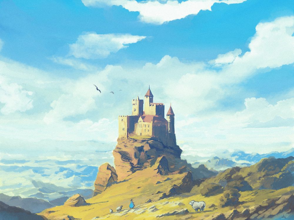 Digital painting of a golden castle up a rocky hill. In the foreground, a shepherdess is watching after her tiny flock.