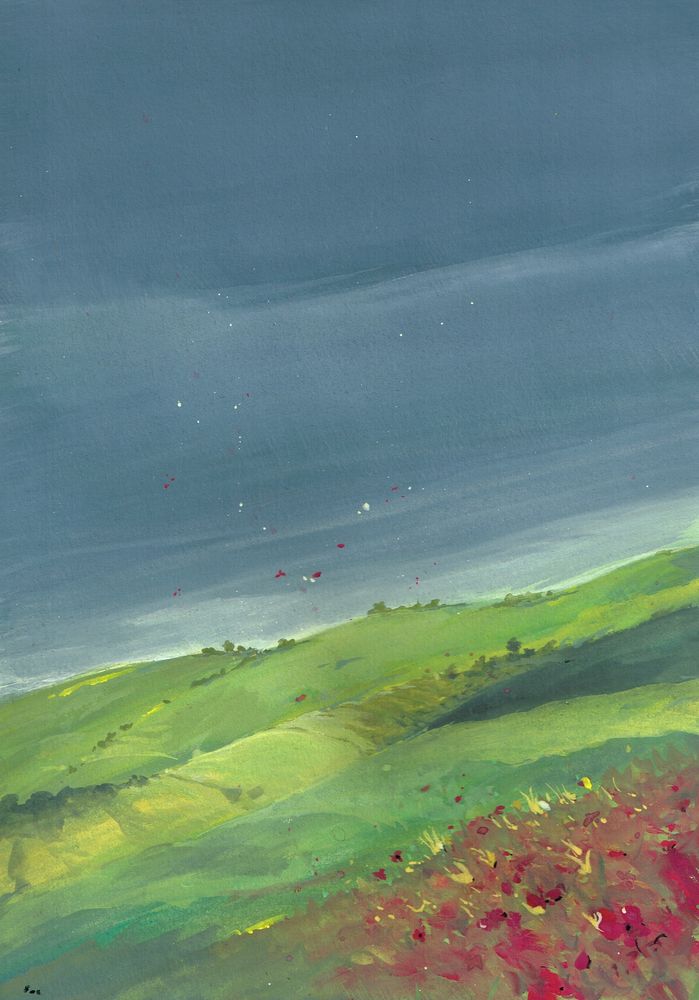 Landscape gouache painting of a summer stormy sky over some green hills and a wind-blown away poppy fields.