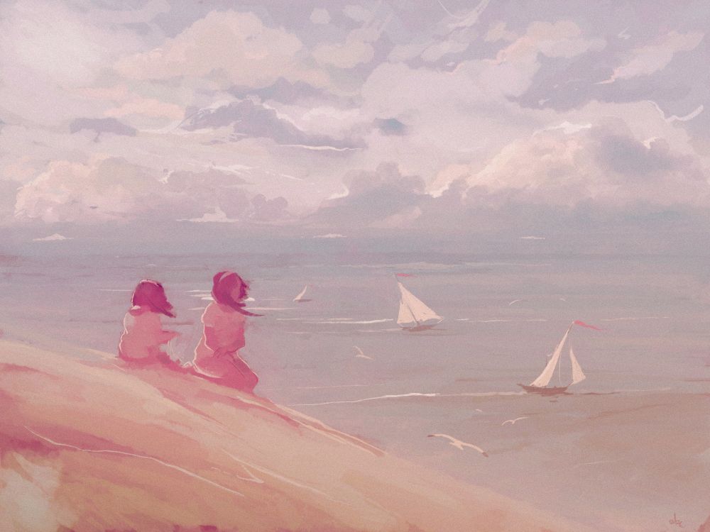 Soft colors digital painting of two girls playing on a windy beach while a few sailboats sail 'round the sea in the background.