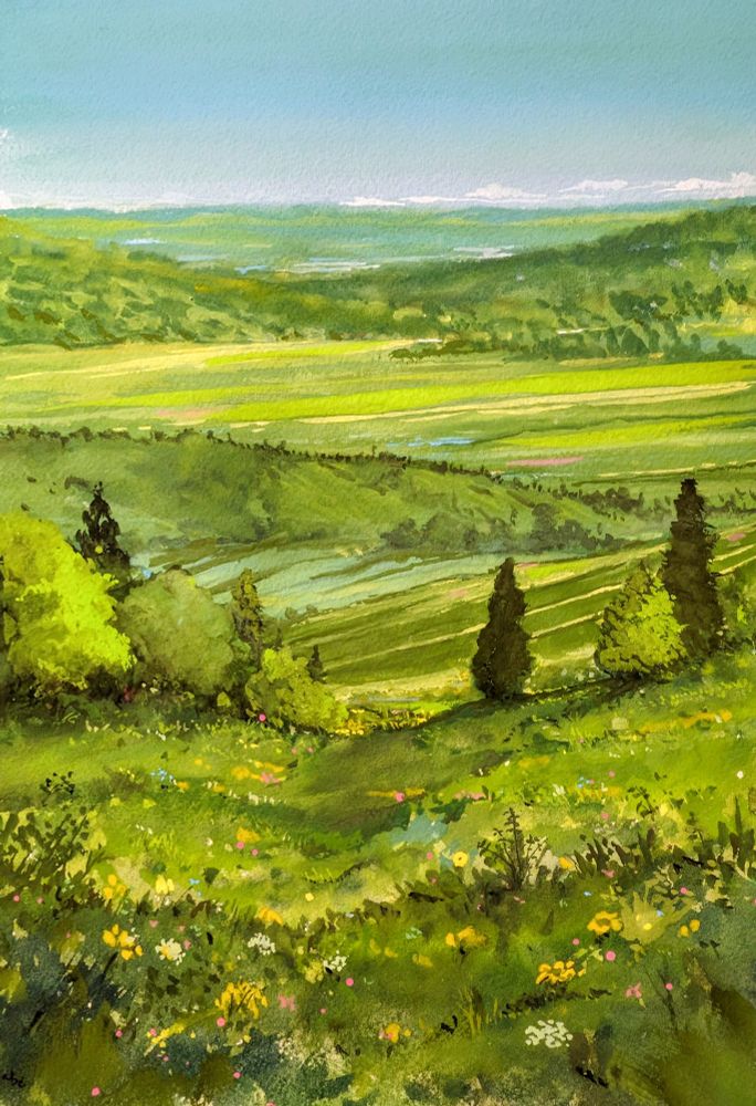 Landscape gouache painting of some green fields full of flowers.