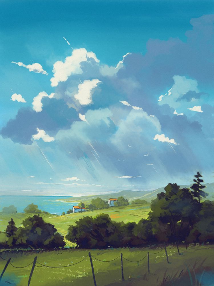 Landscape digital painting of a couple of houses surrounded by fields and trees near the coast.