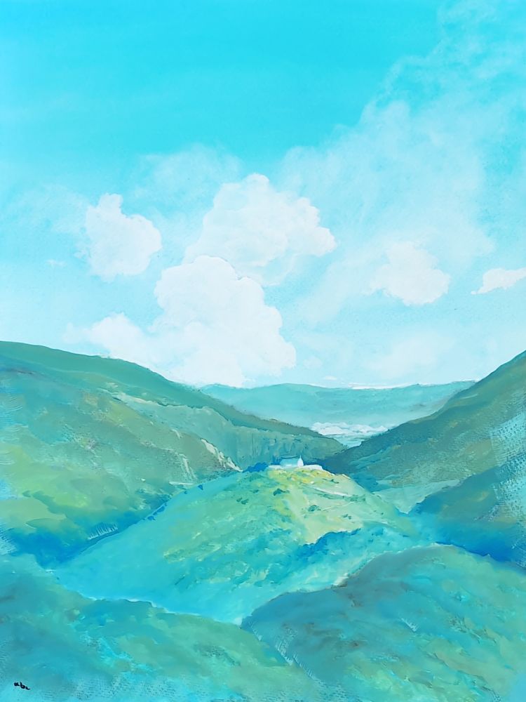 Landscape gouache painting of a little house lost in the mountains.