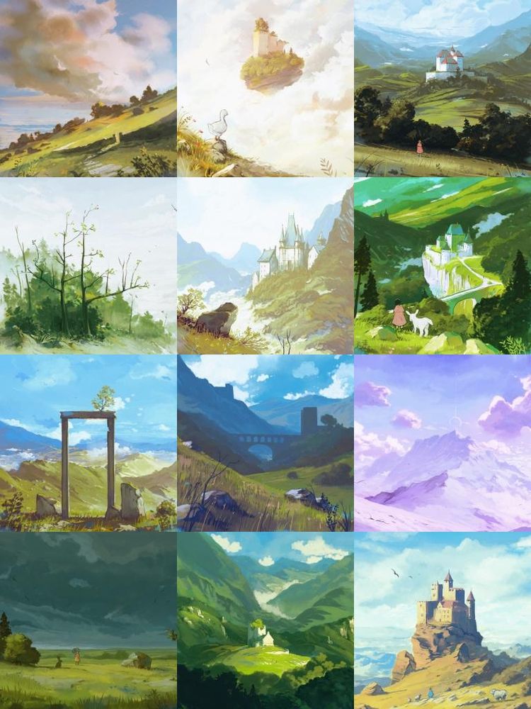 Picture composite of twelve landscape digital paintings.