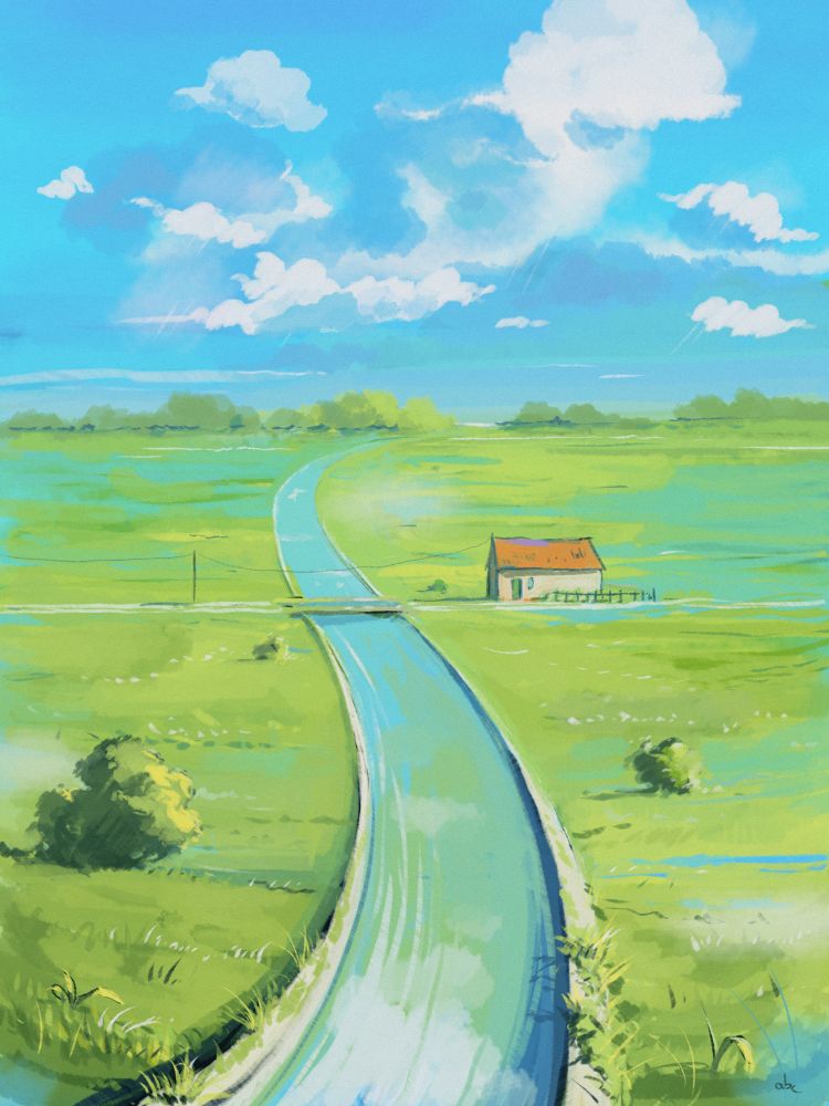 Super rough digital painting of a canal weaving through some green fields toward the horizon and passing by a little orange house.