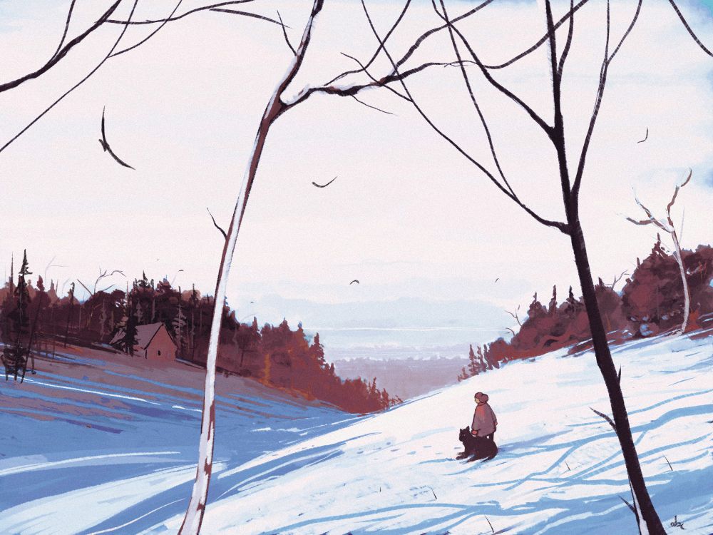 Rough digital painting of some snowy hills. A person is standing in the foreground alongside their undefined animal companion. A small cabin is emerging from a pinewood.
