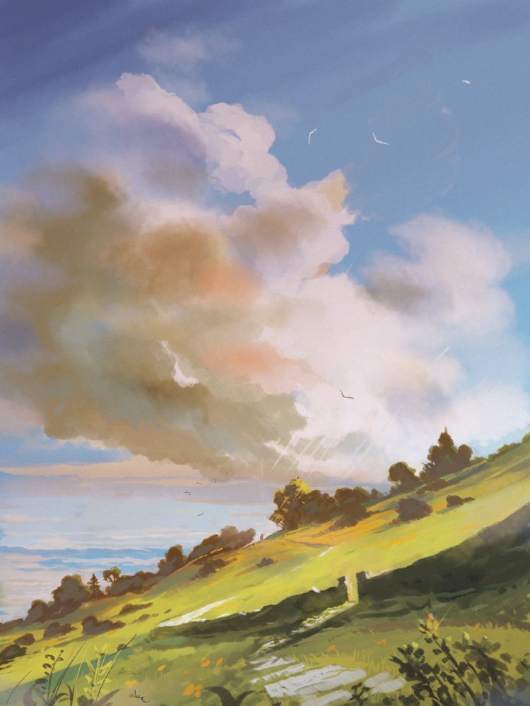 Rough digital painting of a little guy up a green and orange hill freeing some birds toward a huge cloud.