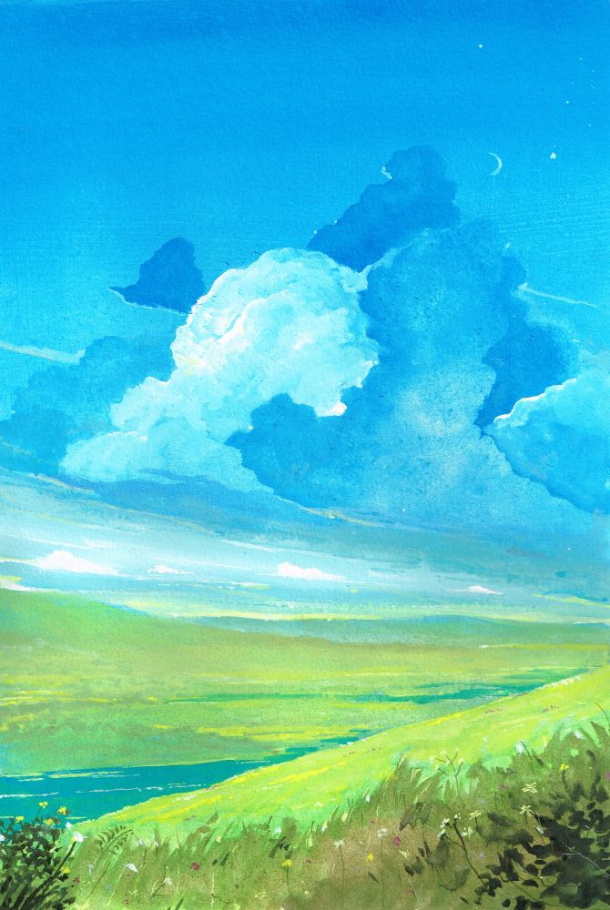 Landscape gouache painting of some summer clouds over a green valley. 