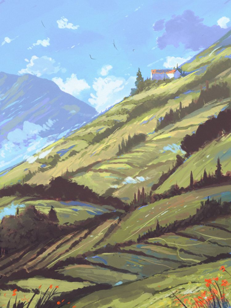 Random rough digital painting of a house up some cultivated hills.
